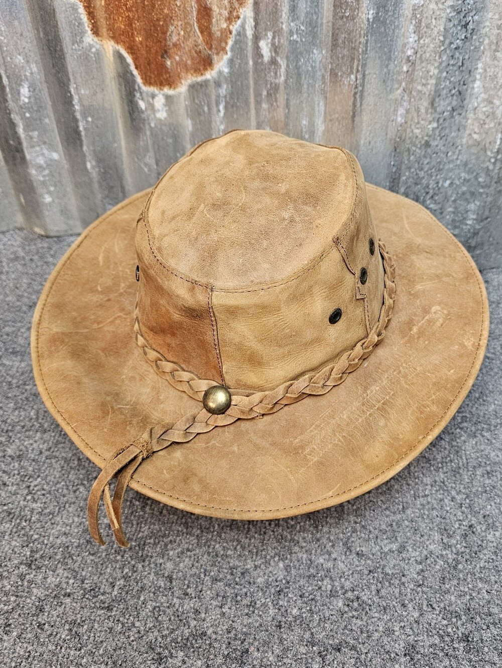 JONDE Authentic Leather Western Outback Safari Hat Distressed Brown